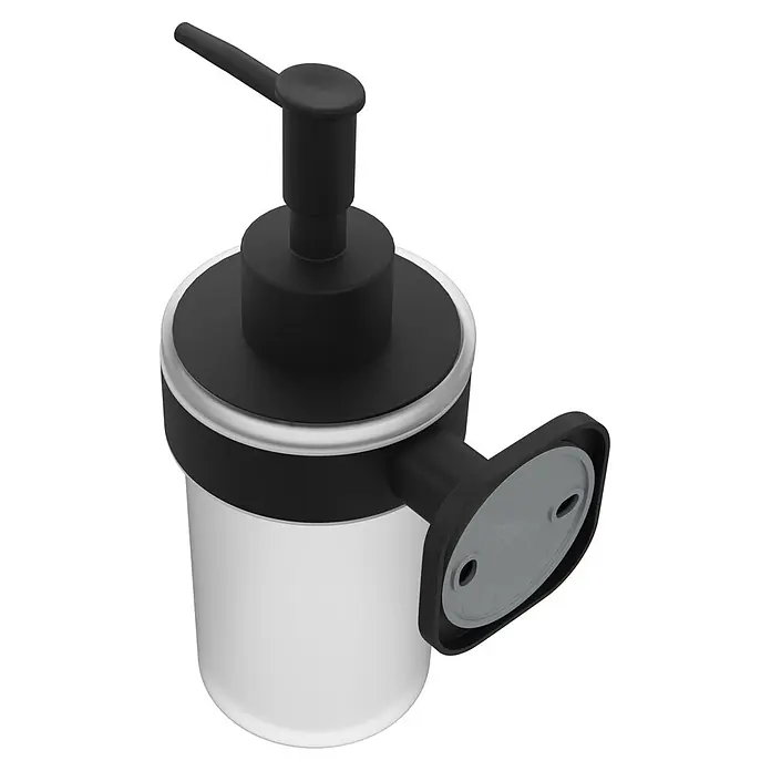 Venus Seifenspender Prag - Edelstahl, Schwarz - Transparenter Flüssigseifenspender mit schwarzer Pumpe und Wandhalterung.