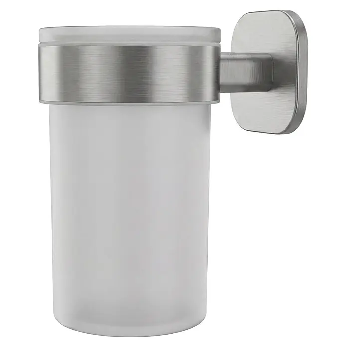 Venus Zahnputzbecher Prag - Edelstahl, Edelstahl - Wandmontierter Zahnbürstenhalter aus satiniertem Glas und gebürstetem Metall.