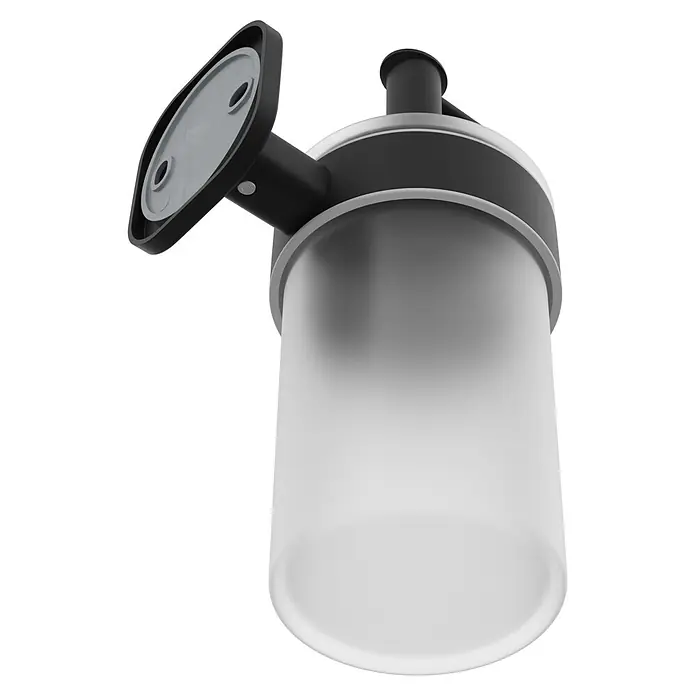 Venus Seifenspender Prag - Edelstahl, Schwarz - Schwarze Außenwandleuchte mit grauer Montagebasis und zylindrischem, gefrostetem Diffusor.