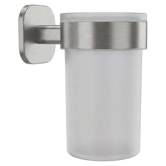 Venus Zahnputzbecher Prag - Edelstahl, Edelstahl - Wandmontierter Zahnbürstenhalter mit mattiertem Glasbecher und Halterung aus gebürstetem Edelstahl.