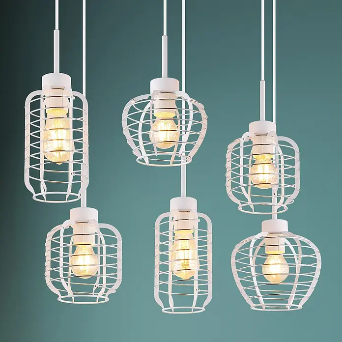 Globo Pendelleuchte Nesa - 60 W, L x B x H: 775 x 330 x 1.200 mm, E27 - Eine Sammlung weißer Drahtkäfig-Pendelleuchten, jede mit einer freiliegenden Glühbirne leuchtend.