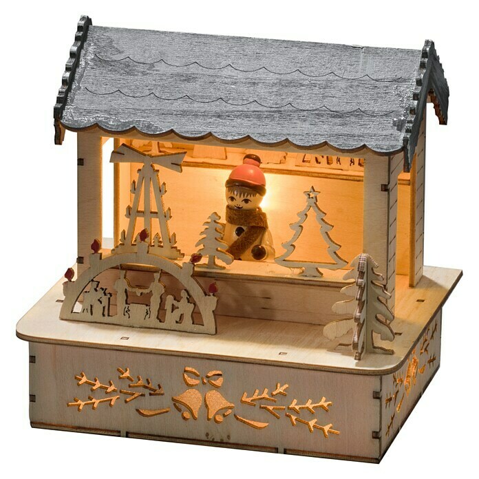 Figura Decorativa LED Konstsmide Puesto De Mercado Navideño | Silueta De Madera Con 3 Luces Cálidas | Funciona Con Pilas