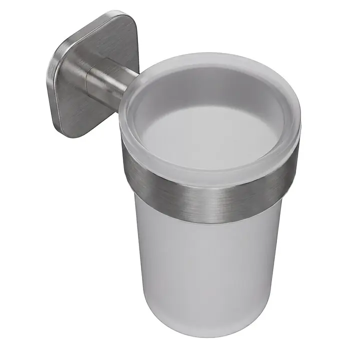 Venus Zahnputzbecher Prag - Edelstahl, Edelstahl - Wandmontierter Zahnbürstenhalter mit Halterung aus gebürstetem Metall und Becher aus Milchglas.