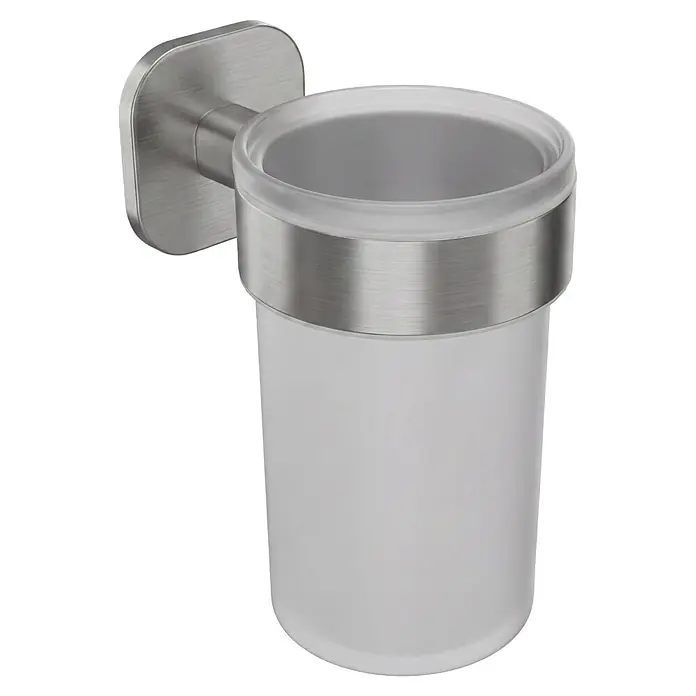 Venus Zahnputzbecher Prag - Edelstahl, Edelstahl - Wandmontierter Zahnputzbecherhalter aus gebürstetem Edelstahl mit mattiertem Glasbecher.