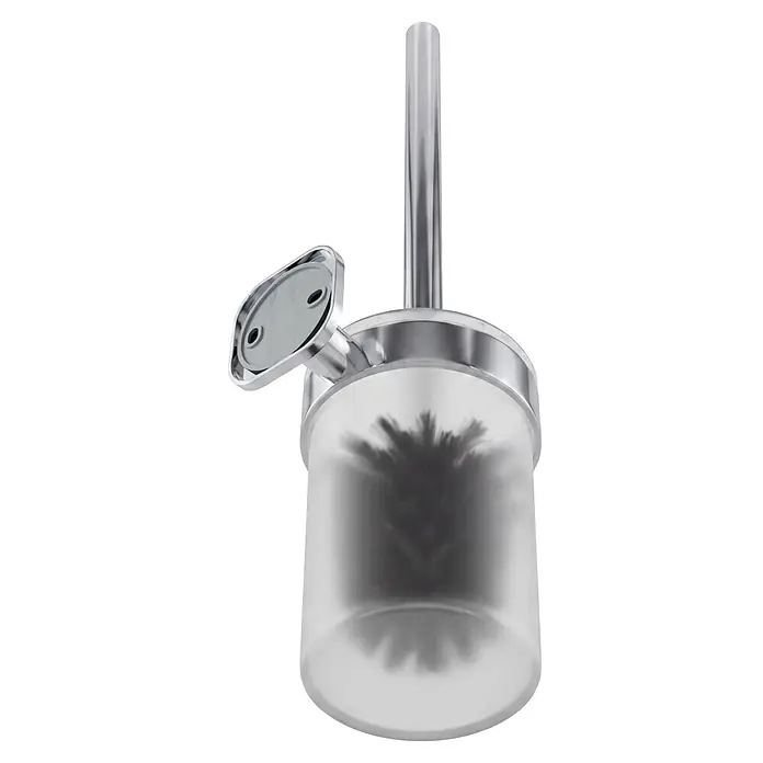 Venus WC-Bürstengarnitur Prag - Edelstahl, Chrom - Wandmontierter Chrom-Toilettenbürstenhalter mit mattiertem Glasbehälter und schwarzer Bürste.