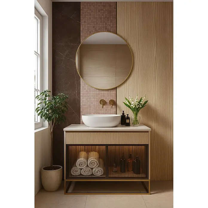 Cordia Rahmenspiegel - 60 x 60 cm, Gold, Aluminium - Moderner Waschtisch aus hellem Holz mit weißer Platte, Aufsatzwaschbecken, goldfarbenen Akzenten und beleuchtetem geriffeltem Glasstauraum.