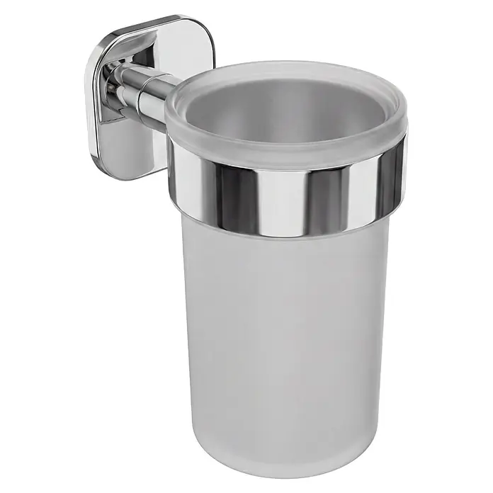 Venus Zahnputzbecher Prag - Edelstahl, Chrom - Wandmontierter verchromter Zahnbürstenhalter mit mattiertem Glasbecher.