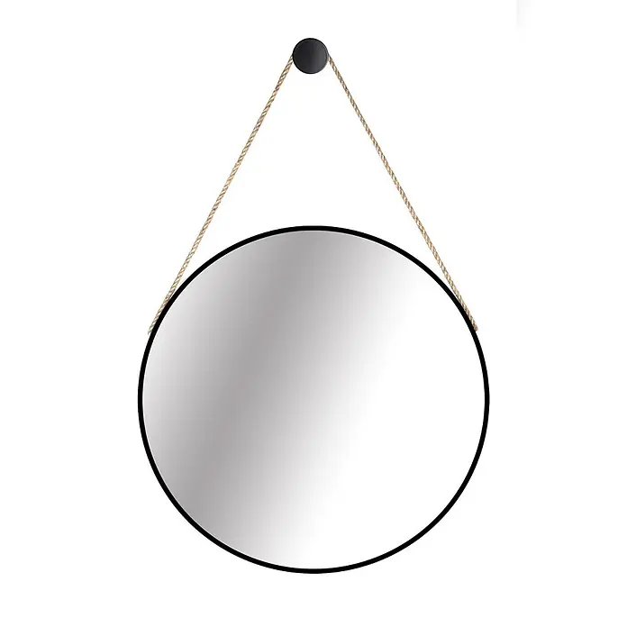Cordia Rahmenspiegel - 60 x 60 cm, Schwarz, Aluminium - Ovaler Spiegel mit schwarzem Rahmen, an einem Seil von einem schwarzen Knopf hängend.