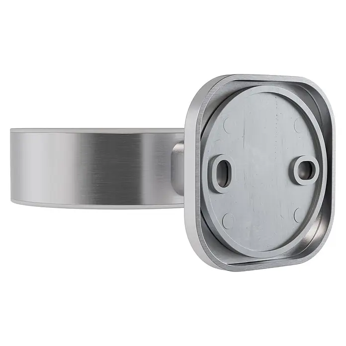 Venus Zahnputzbecher Prag - Edelstahl, Edelstahl - Bürsteter Metall-Befestigungshalter mit zylindrischem Arm und quadratischer Basis mit zwei ovalen Löchern.