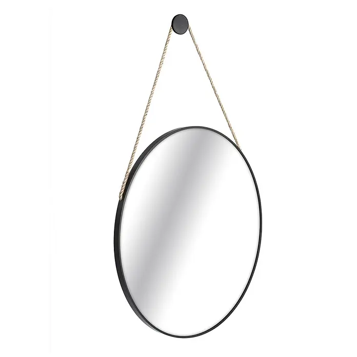 Cordia Rahmenspiegel - 60 x 60 cm, Schwarz, Aluminium - Rundspiegel mit schwarzem Rahmen, aufgehängt an einem naturfarbenen Seil an einer schwarzen runden Halterung.