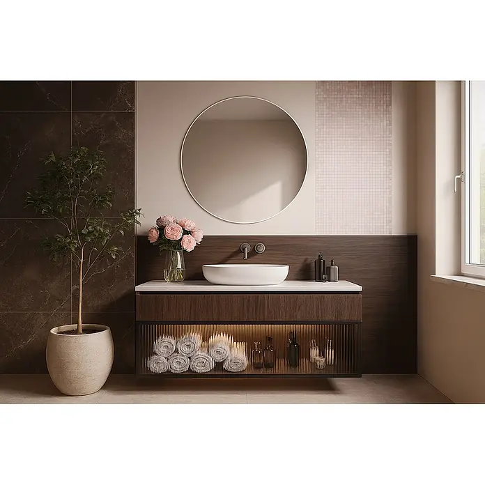 Cordia Rahmenspiegel - 80 x 80 cm, Weiß, Aluminium - Moderner Waschtisch aus dunklem Holz mit weißem Aufsatzwaschbecken, heller Arbeitsplatte und beleuchtetem Regal für Handtücher und Flaschen.