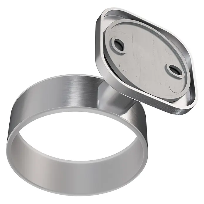Venus Zahnputzbecher Prag - Edelstahl, Edelstahl - Gebürsteter silberner Metallring und rechteckiges Bauteil mit zwei ovalen Öffnungen.
