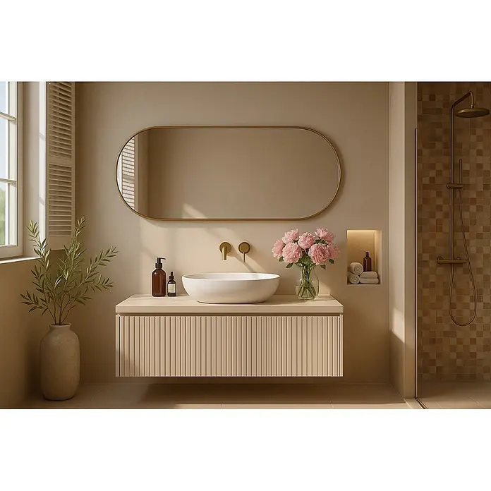 Cordia Rahmenspiegel - 50 x 100 cm, Gold, Aluminium - Modernes Bad mit schwebendem beigem Waschtisch, geriffeltem Schrank, weißer Aufsatzwaschschale, goldenem Wasserhahn und ovalem Spiegel.