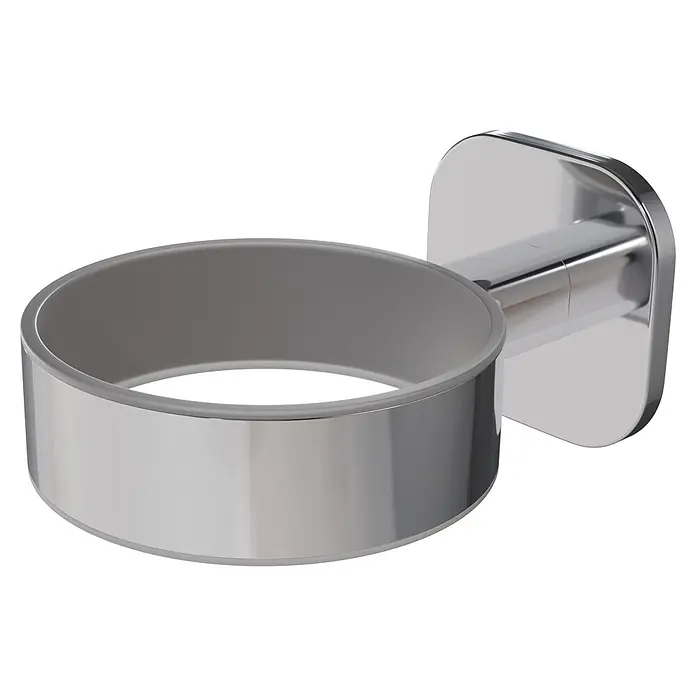 Venus Zahnputzbecher Prag - Edelstahl, Chrom - Wandhalterung aus poliertem Chrom mit grauem Innenring und runder Öffnung.