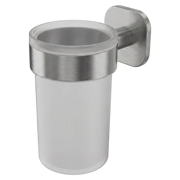 Venus Zahnputzbecher Prag - Edelstahl, Edelstahl - Wandmontierter Zahnputzbecherhalter mit mattiertem Glas und gebürsteter Edelstahlhalterung.