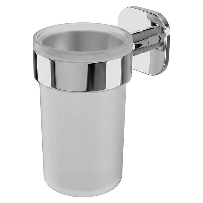 Venus Zahnputzbecher Prag - Edelstahl, Chrom - Wandmontierter Zahnbürstenhalter mit mattiertem Glasbecher und glänzender Chromhalterung.