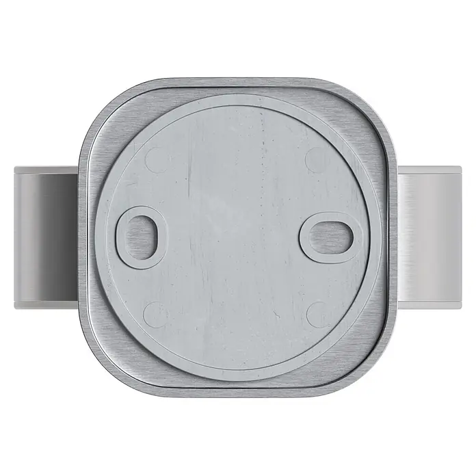 Venus Zahnputzbecher Prag - Edelstahl, Edelstahl - Silbrige Schnalle aus gebürstetem Metall oder Verbinder mit runder Mittelplatte und Seitenbändern.