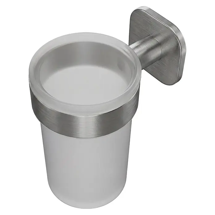 Venus Zahnputzbecher Prag - Edelstahl, Edelstahl - Wandmontierter Zahnbürstenhalter mit einer Halterung aus gebürstetem Metall und einem mattierten Becher.