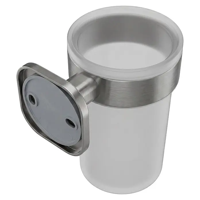 Venus Zahnputzbecher Prag - Edelstahl, Edelstahl - Wandmontierter Zahnbürstenhalter mit gebürsteter Metallhalterung und mattiertem Glasbecher.