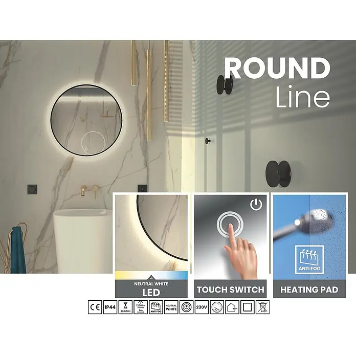 Cordia Lichtspiegel - 60 x 60 cm, Schwarz - Runder LED-Spiegel mit neutralweißem Licht, Touch-Schalter und Anti-Beschlag-Heizung, in einem modernen Badezimmer.