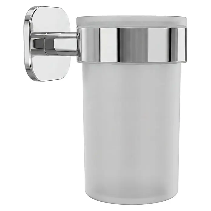 Venus Zahnputzbecher Prag - Edelstahl, Chrom - Wandmontierter Zahnbürstenhalter mit poliertem Chrombügel und mattem Glasbecher.