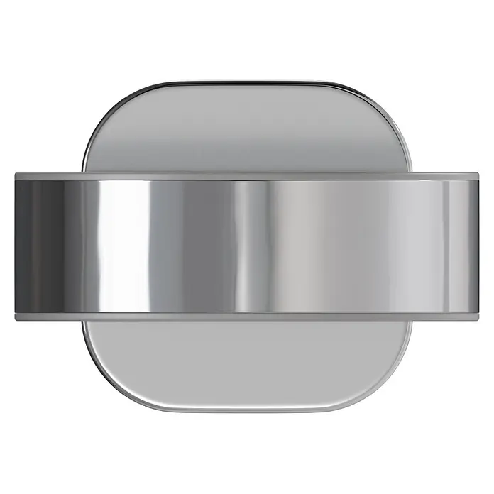 Venus Zahnputzbecher Prag - Edelstahl, Chrom - Silbernes, metallisches, abgerundetes Rechteck-Badge mit glänzendem Querband.