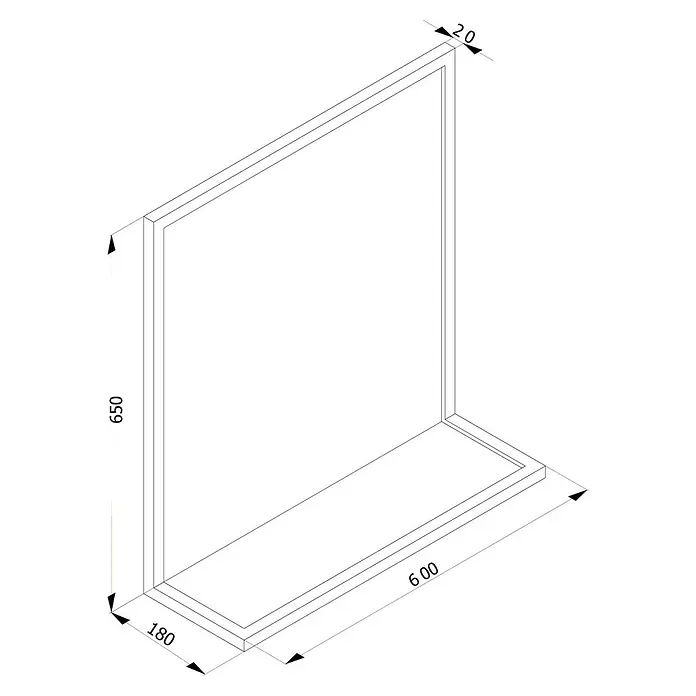 Cordia Rahmenspiegel - 60 x 65 cm, Schwarz, Aluminium - Technische Zeichnung eines rechteckigen Rahmens mit Sockel, H650xW600xT180, Rahmendicke 20.