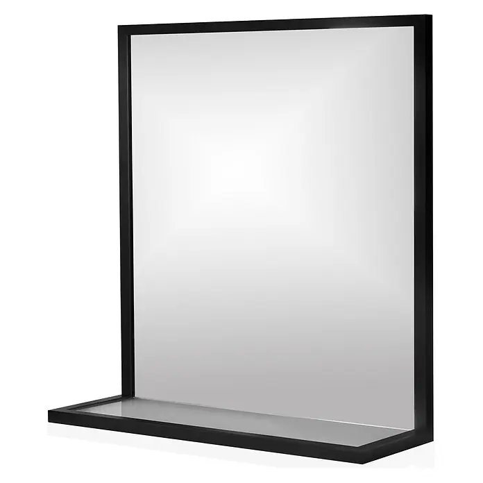 Cordia Rahmenspiegel - 60 x 65 cm, Schwarz, Aluminium - Schwarzer rechteckiger Spiegel mit integrierter schwarzer Ablage.