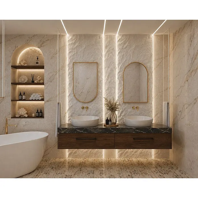 Cordia Rahmenspiegel - 50 x 80 cm, Gold, Aluminium - Ein modernes Badezimmer mit Doppelwaschtisch aus Holz, zwei weißen Aufsatzwaschbecken, zwei goldgerahmten Spiegeln und beleuchteter Nische.