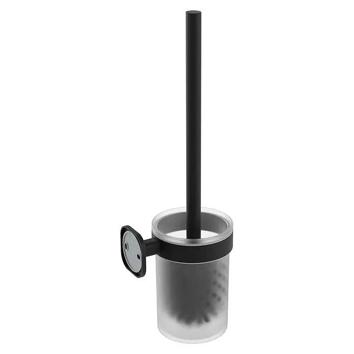 Venus WC-Bürstengarnitur Prag - Edelstahl, Schwarz - Schwarze Toilettenbürste in einem durchscheinenden zylindrischen Halter mit schwarzem Band und Wandhalterung.