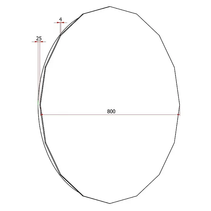 Cordia Lichtspiegel - 80 x 80 cm, Silber - Diagramm eines unregelmäßigen ovalförmigen Polygons mit den Maßen 800, 25 und 4.