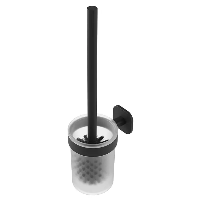 Venus WC-Bürstengarnitur Prag - Edelstahl, Schwarz - Wandmontierte Toilettenbürste mit schwarzem Griff, transparentem, mattiertem Halter und schwarzem Rand.