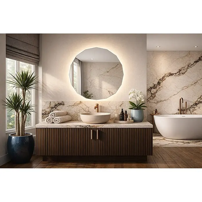 Cordia Lichtspiegel - 80 x 80 cm, Silber - Modernes Badezimmer mit dunkelbraunem geriffeltem Waschtisch, Marmorplatte, Aufsatzwaschbecken, beleuchtetem Spiegel und einer freistehenden Badewanne.