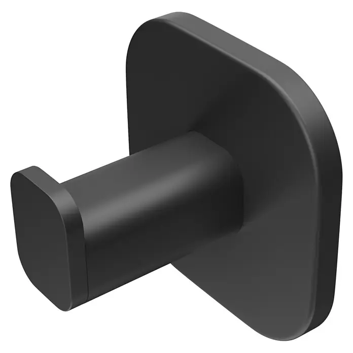 Venus Handtuchhaken Prag - Schwarz, Matt - Ein matt-schwarzer, minimalistischer Wandhaken mit abgerundeter rechteckiger Basis und zylindrischem Arm.