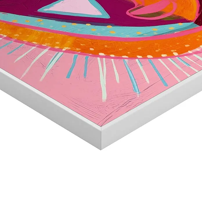 Reinders Bild Slim Frame White - Trendy Mask, B x H: 20 x 30 cm - Ecke eines abstrakt bemalten Bildes in weißem Rahmen mit lebhaften Rosa-, Orange-, Blau- und Magentatönen.