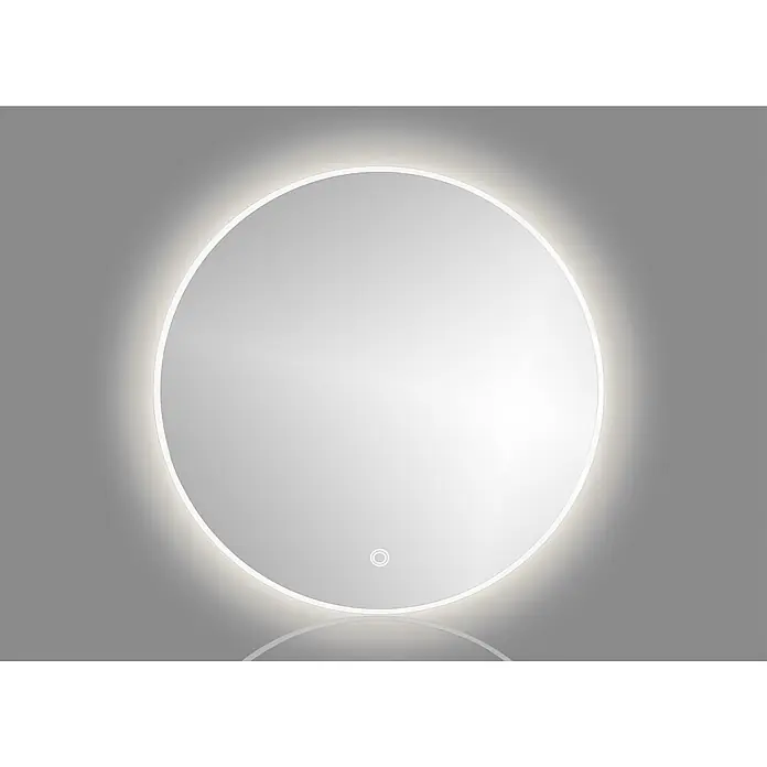 Cordia Lichtspiegel - 80 x 80 cm, Weiß - Runder LED-Spiegel mit weicher Umfangsbeleuchtung und kreisförmigem Touch-Sensor unten mittig.