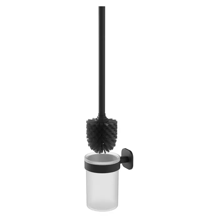Venus WC-Bürstengarnitur Prag - Edelstahl, Schwarz - Wandmontiertes Toilettenbürsten-Set mit schwarzem Griff, schwarzen Borsten und transparentem Halter.