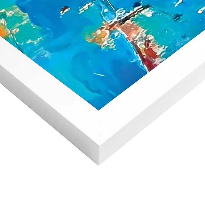 Reinders Bild Modern Frame White - Zebra Bath, B x H: 50 x 70 cm - Weißer Bilderrahmen mit einem abstrakten Gemälde in Blau- und Orangetönen.