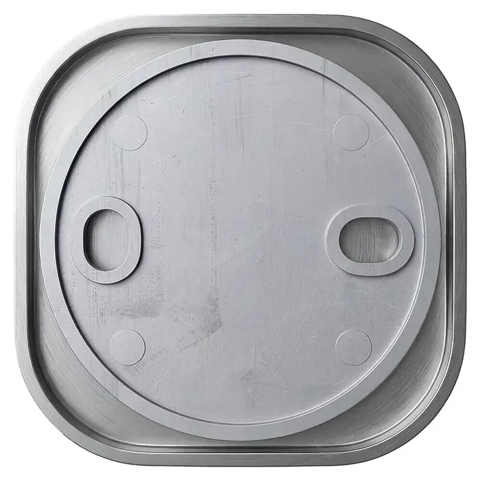 Venus Handtuchhaken Prag - Edelstahl, Matt - Quadratischer, gebürsteter Metalldeckel mit erhabener runder Mitte, zwei ovalen Vertiefungen und vier kleinen Erhebungen.