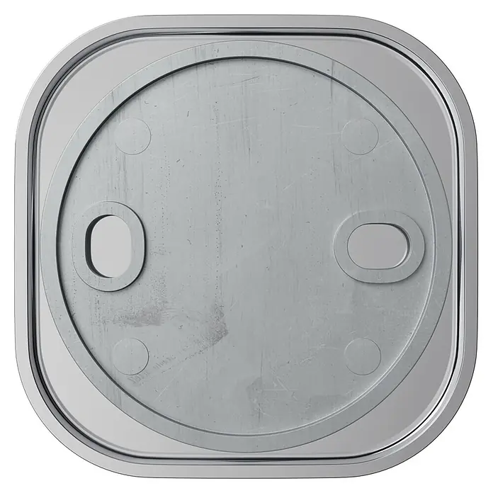 Venus Handtuchhaken Prag - Chrom, Glänzend - Quadratischer Metall-Deckel mit abgerundeten Ecken, kreisförmiger Erhöhung, zwei ovalen Ausschnitten und Kratztextur.