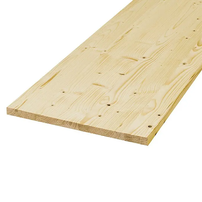 Exclusivholz Leimholzplatte - Fichte, Qualitätsstufe Leimholzplatte: A/B, 800 x 250 x 28 mm - Nahaufnahme einer hellen Holzplatte mit sichtbarer Maserung und Astlöchern auf einem schwarzen Hintergrund. Ideal für Bau- und Designprojekte.