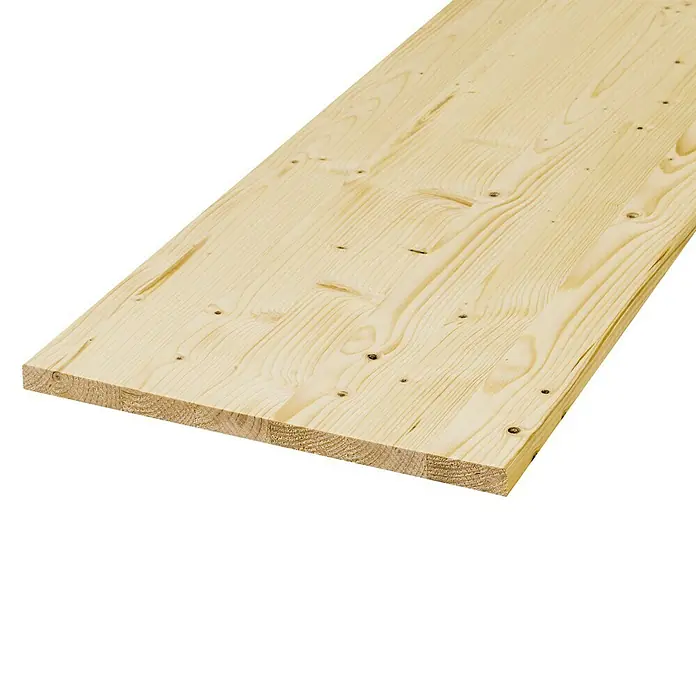 Exclusivholz Leimholzplatte - Fichte, Qualitätsstufe Leimholzplatte: A/B, 2.000 x 250 x 28 mm - Detailaufnahme eines unbehandelten, hellen Holzbretts mit sichtbarer Maserung und Astlöchern, ideal für DIY-Projekte.