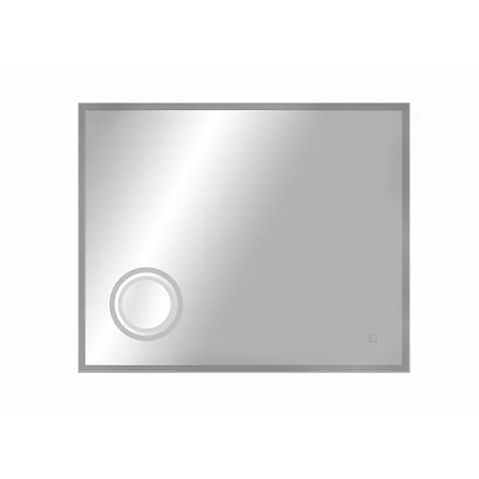 Cordia Lichtspiegel - 120 x 65 cm, Silber - Rechteckiger Badspiegel mit beleuchtetem runden Touch-Knopf und kleinerem quadratischem Symbol.