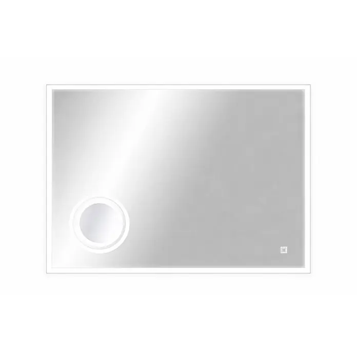 Cordia Lichtspiegel - 120 x 65 cm, Silber - Rechteckiger LED-Spiegel mit beleuchtetem Rand, kreisförmigem Antibeschlag-Symbol und quadratischem Ein-/Ausschaltknopf.