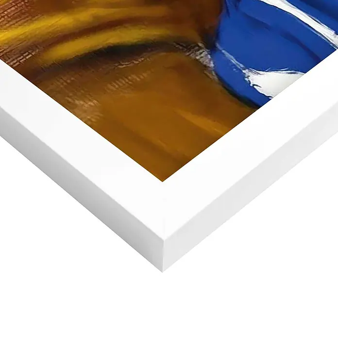 Reinders Bild Modern Frame White - Coffee Break, B x H: 50 x 70 cm - Weißer Bilderrahmen, der ein lebendiges, abstraktes Gemälde mit blauen, gelben und braunen Tönen zeigt.