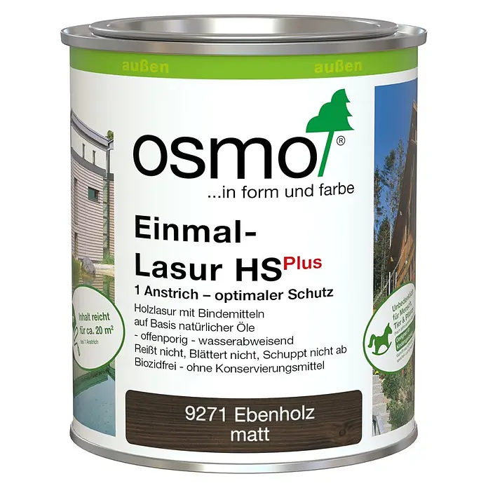 Osmo Holzlasur HSPlus 9271 - Ebenholz, 750 ml, Seidenmatt - Dose Osmo Einmal-Lasur HSPlus in 9271 Ebenholz matt, eine optimal schützende Holzlasur.