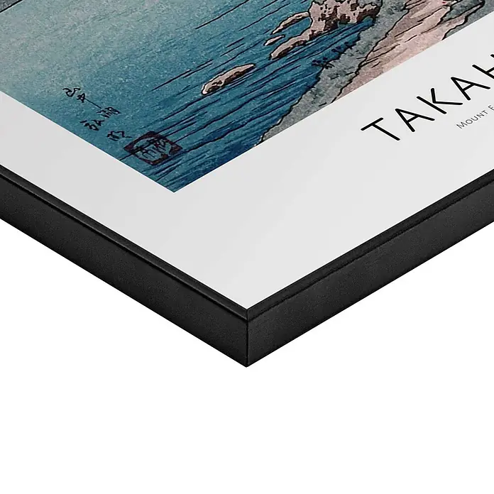 Reinders Bild Slim Frame Black - Mount Fuji, B x H: 40 x 50 cm - Nahaufnahme einer Ecke eines schwarz gerahmten Drucks mit weißem Passepartout, zeigt einen Teil eines Kunstwerks.