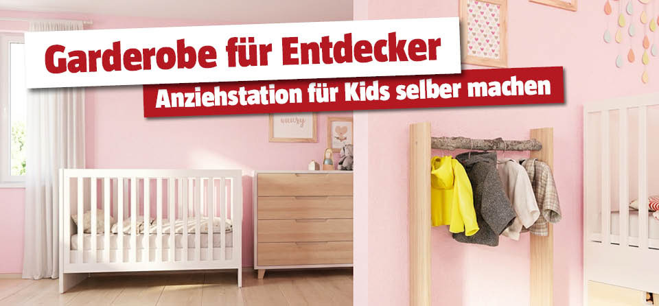 Garderobe im Kinderzimmer aus Holz mit Jacken 