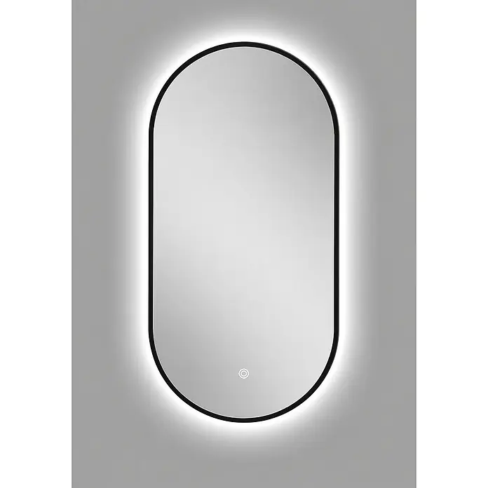 Cordia Lichtspiegel - 50 x 100 cm, Schwarz - Ovaler LED-beleuchteter Spiegel mit schwarzem Rahmen und Berührungssensor.