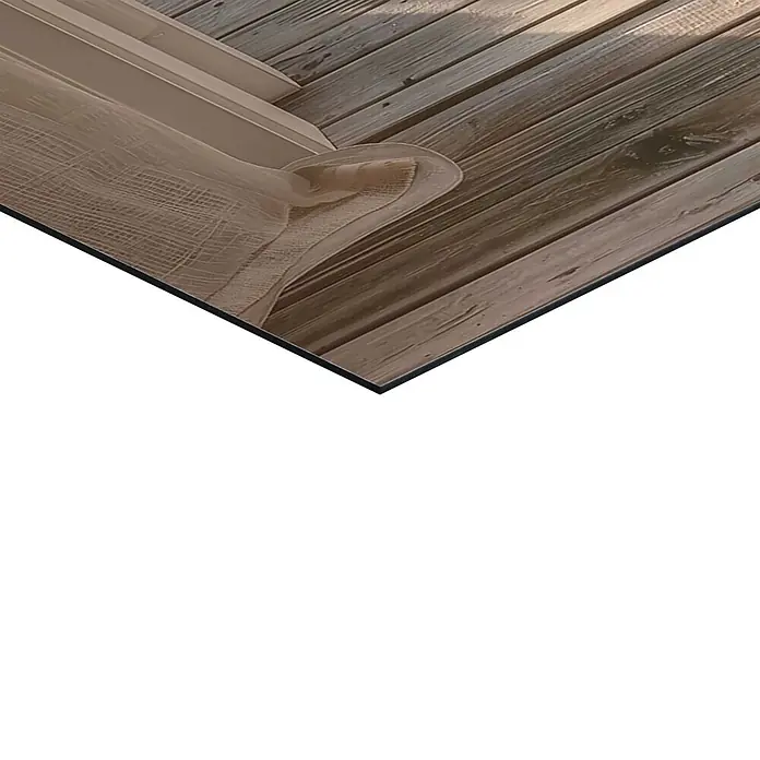 Reinders Decopanel - Beach Wind, B x H: 60 x 90 cm - Hellebrauner, abgenutzter Holzboden mit einem transparenten, texturierten beigen Stoff über einer Ecke, der Holzmaserung zeigt.